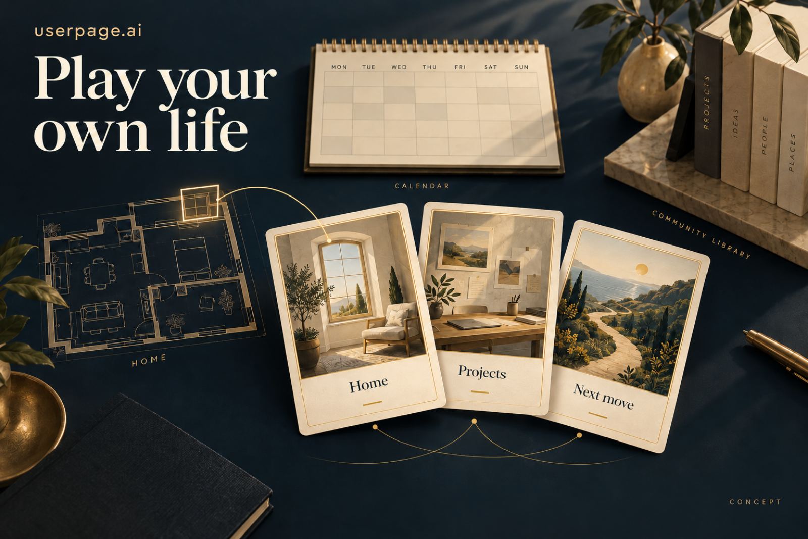 Concept art: a floor plan, a calendar and three playing cards labelled Home, Projects and Next move, laid out on a navy desk.